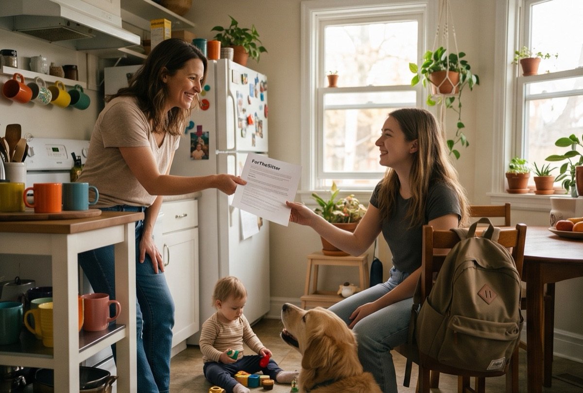 A parent hands a printed info sheet to a smiling babysitter in a sunny kitchen while a toddler plays and a golden retriever watches.